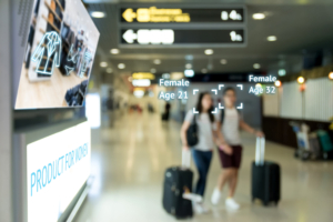 Intelligentes Digital Signage Marketing- und Gesichtserkennungskonzept. Zwei Frauen gehen durch interaktive digitale Werbung mit künstlicher Intelligenz im Einkaufszentrum des Einzelhandels.